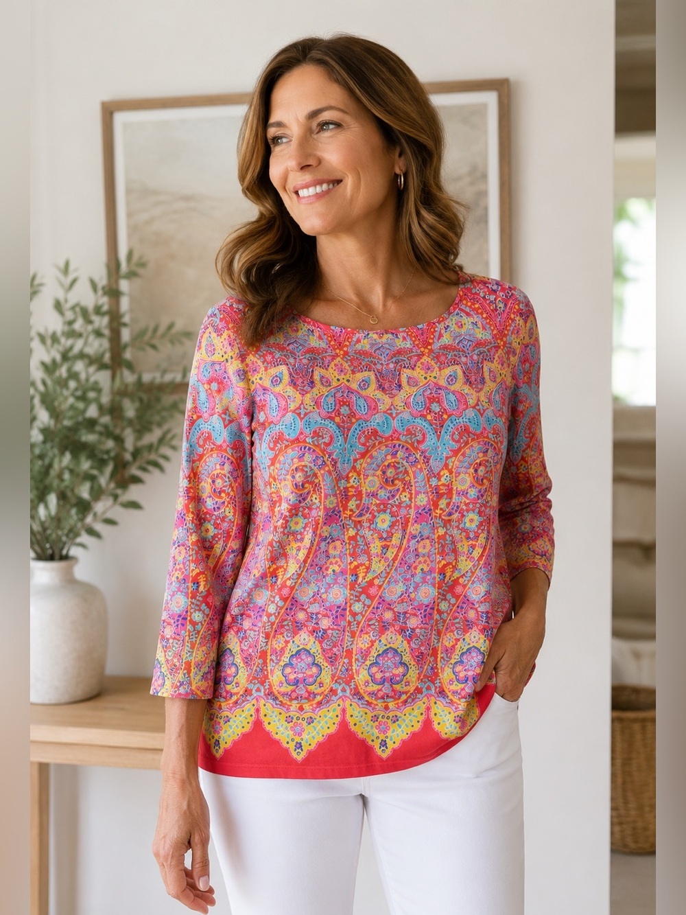 Talbots Bateau Neck Tee Medallion Paisley Boat Neck Large Cotton Coral Pink